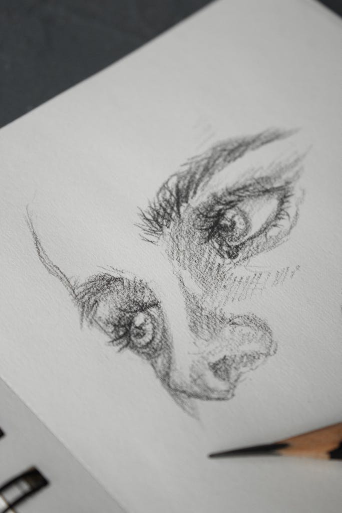 Intricate pencil sketch capturing expressive eyes and nose on paper.